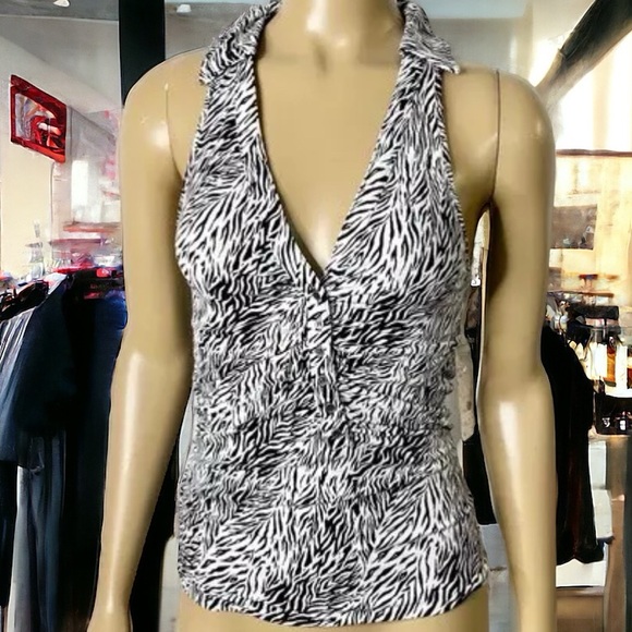 NWT FREE PEOPLE TANK. ZEBRA PRINT BUTTONED & COLLARED TOP. RACERBACK. ROUCHED - Picture 3 of 16